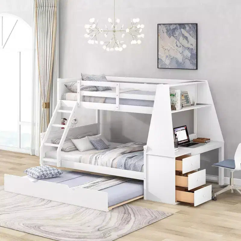 Lit superposé multifonctionnel Okak double/complet avec lit gigogne et 3 tiroirs, lit mezzanine avec bureau et étagère intégrés, en bois de pin pour enfants et adolescents, facile à assembler