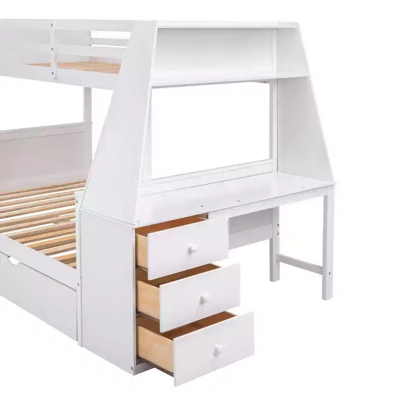 Lit superposé multifonctionnel Okak double/complet avec lit gigogne et 3 tiroirs, lit mezzanine avec bureau et étagère intégrés, en bois de pin pour enfants et adolescents, facile à assembler