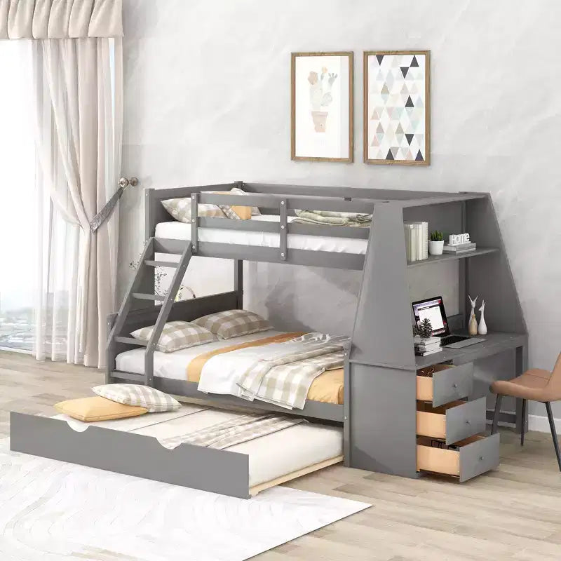 Lit superposé multifonctionnel Okak double/complet avec lit gigogne et 3 tiroirs, lit mezzanine avec bureau et étagère intégrés, en bois de pin pour enfants et adolescents, facile à assembler