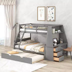 Lit superposé multifonctionnel Okak double/complet avec lit gigogne et 3 tiroirs, lit mezzanine avec bureau et étagère intégrés, en bois de pin pour enfants et adolescents, facile à assembler