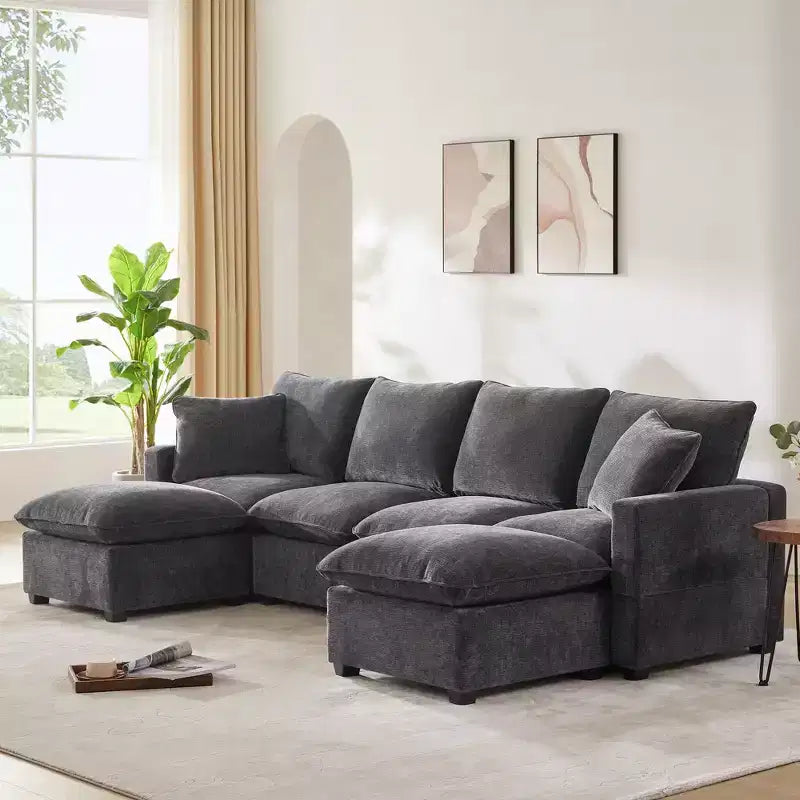 Okak Modern U-Shaped Sectional Sofa Couch with 2 Pillows 6 Seat Chenille Modular Sofa Freely Combinable for Living Room,Apartment,Office