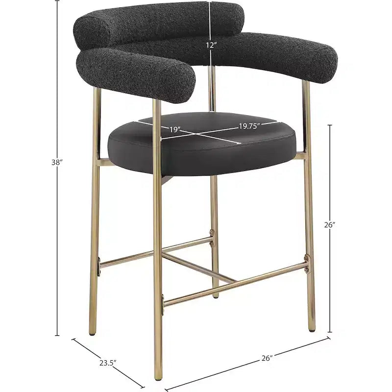 Meridian Furniture,Tabouret de comptoir Blake en tissu bouclette noir / similicuir, lot de 2