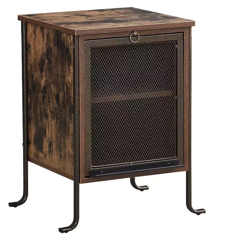 VECELO Nightstand with Pull-Out Tray and 2 Tier Storage Shelf, Steel Frame Side/End Table for Small Spaces, Brown