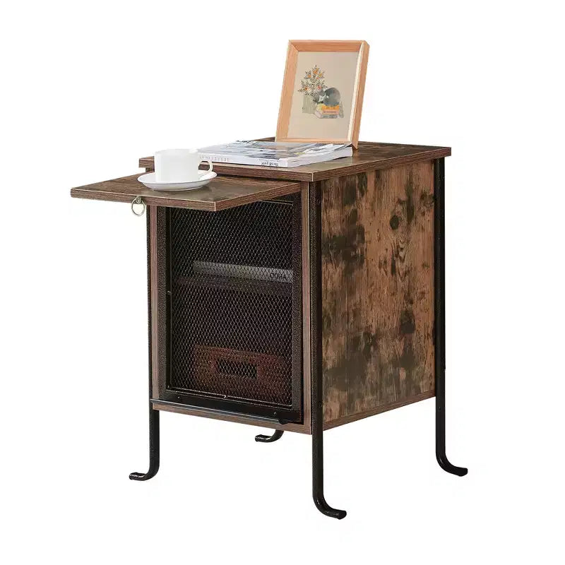 Table de chevet VECELO avec plateau coulissant et étagère de rangement à 2 niveaux, table d'appoint/bout de canapé à cadre en acier pour petits espaces, marron