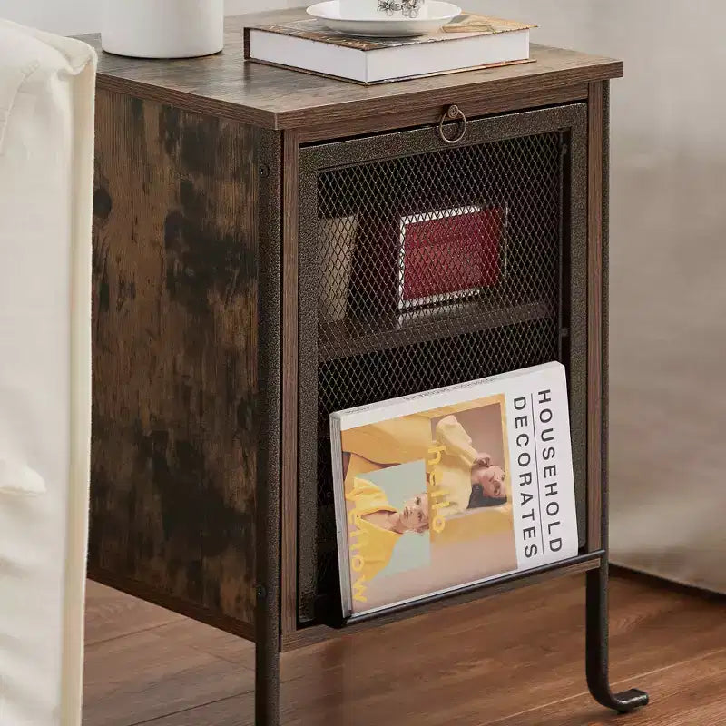 Table de chevet VECELO avec plateau coulissant et étagère de rangement à 2 niveaux, table d'appoint/bout de canapé à cadre en acier pour petits espaces, marron