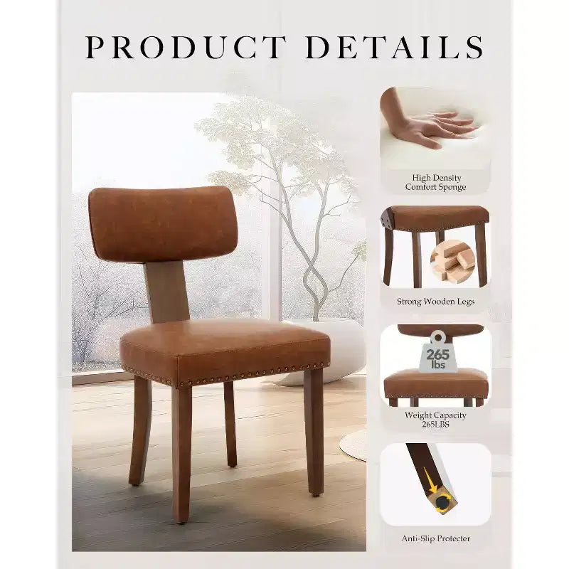 Lot de 2 chaises de salle à manger modernes en cuir, cadre en bois dur, capacité de 120 kg, revêtement facile à nettoyer, dossier incurvé ergonomique pour cuisine et salle à manger