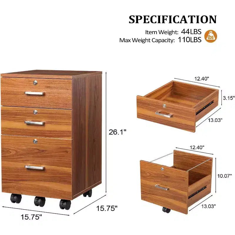 Meuble de classement roulant Gray Oak à 3 tiroirs avec serrure, utilisateur unique
