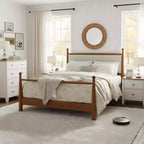 Queen/King Size Platform Bed Frame with Upholstered Headboard & Sturdy Solid Poplar Frame, Beige & Walnut - ModernLuxe