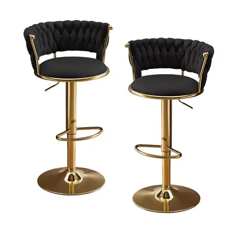 HomeRoots Set of Two Black and Gold Velvet and Metal Low Back Adjustable Height Swivel Bar Chairs