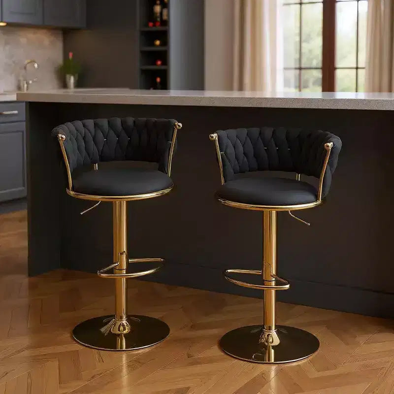 Tabouret de bar pivotant à dossier bas en velours noir et or, lot de 2