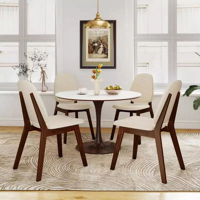 Chaise de salle à manger en lin marron et beige, sans accoudoirs, dossier haut, lot de 2 ou 4
