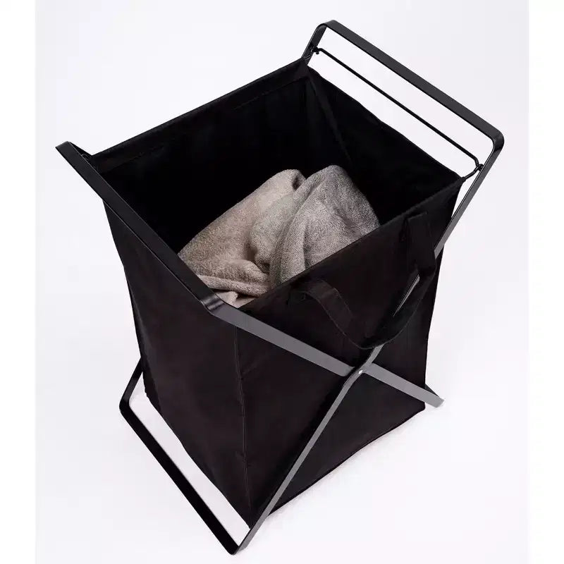Panier à Linge avec Doublure en Coton – Noir/Blanc, Cadre en Acier, pour 1 Personne