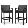 Set of 2 Wicker Bar Stools, Indoor/Outdoor Bar Height Chairs w/ Soft Cushion, Footrests & Armrests, for Backyard/Patio/Pool/Garden/Deck