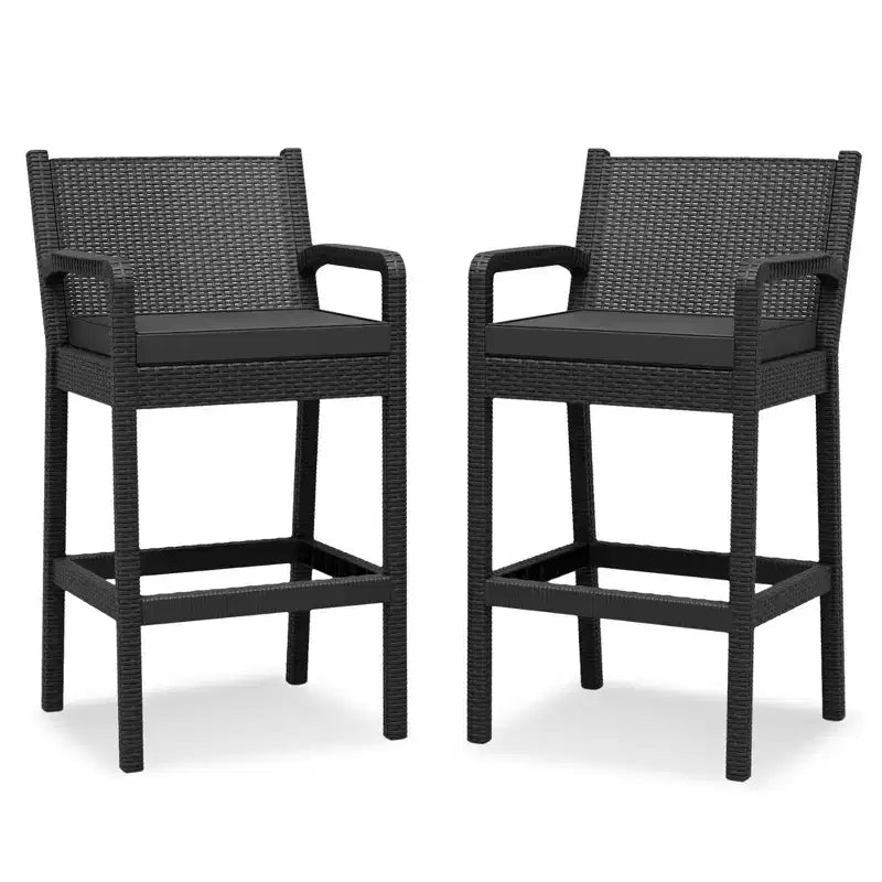 Set of 2 Wicker Bar Stools, Indoor/Outdoor Bar Height Chairs w/ Soft Cushion, Footrests & Armrests, for Backyard/Patio/Pool/Garden/Deck