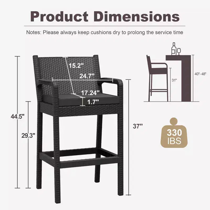 Tabourets de bar à dossier bas en rotin marron avec coussin et accoudoirs, lot de 2