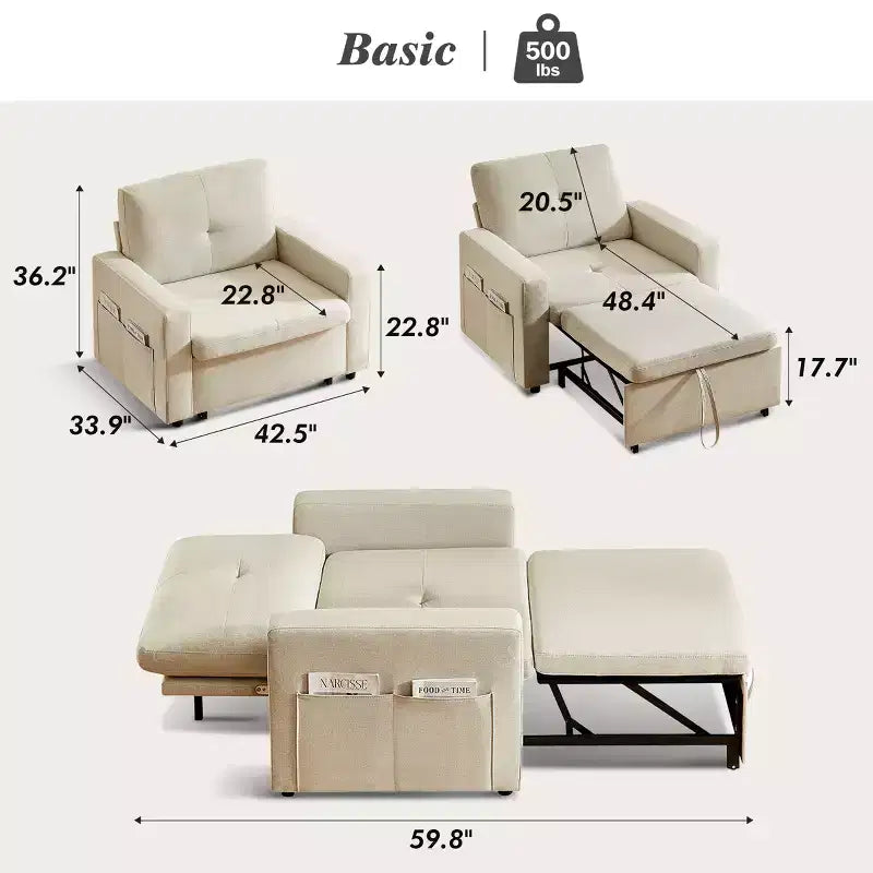 Fauteuil convertible 3-en-1 beige/gris, une place