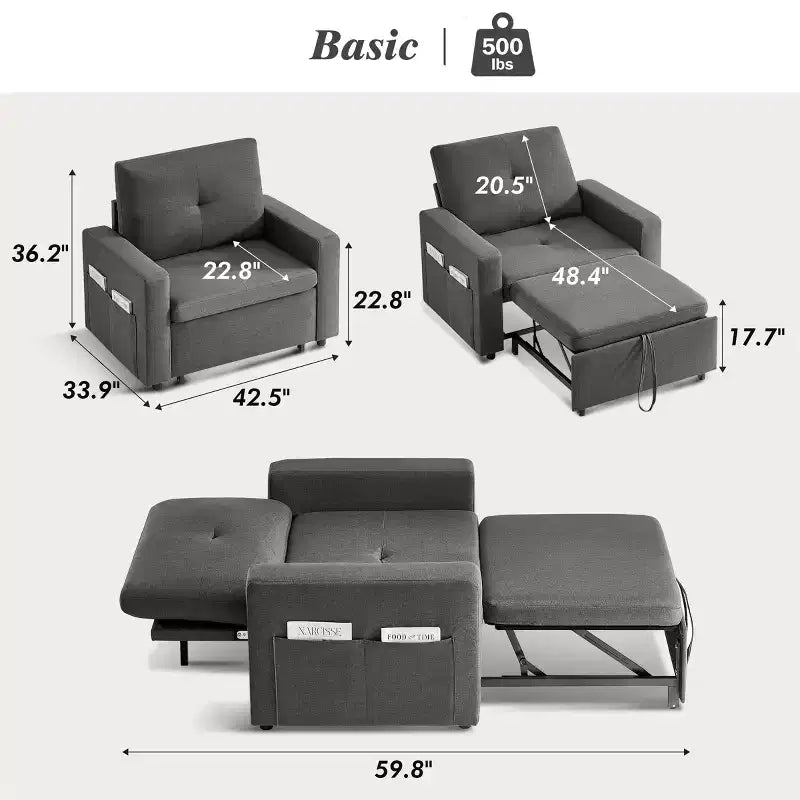 Fauteuil convertible 3-en-1 beige/gris, une place
