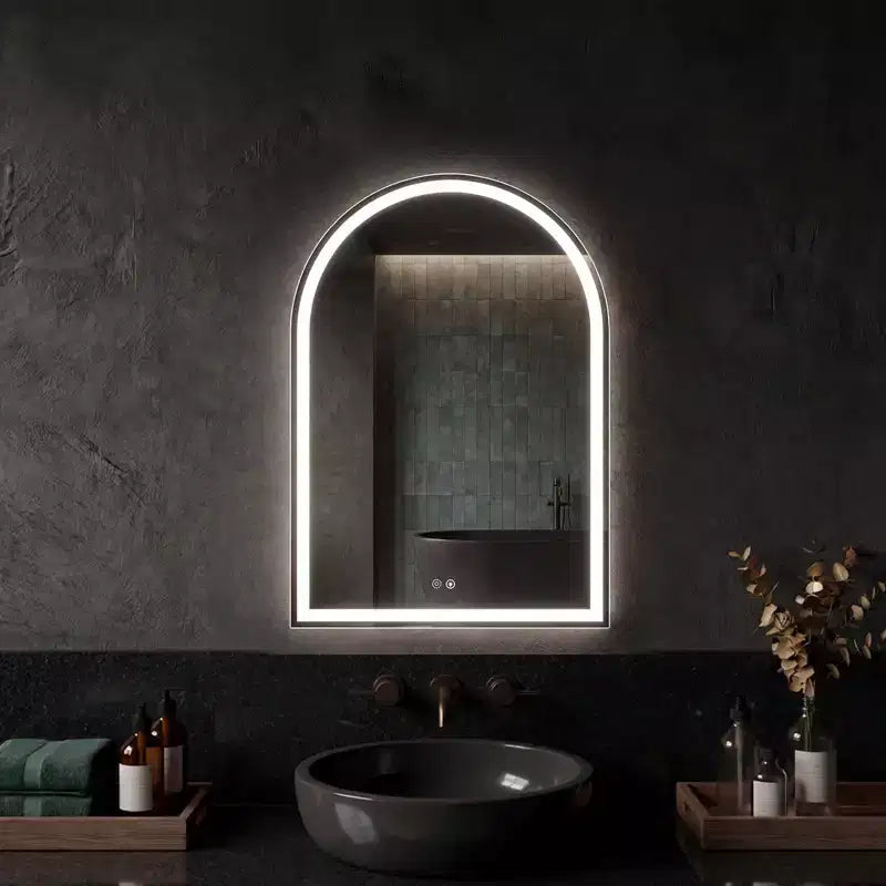 Miroir de salle de bain LED arqué blanc, 3 couleurs de lumière, intensité variable, simple