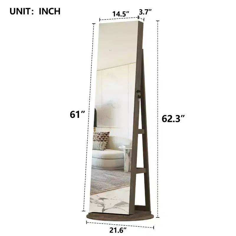 Miroir de rangement à bijoux pivotant à 360°, coloris noir/marron/noyer/blanc, sur pied, une personne