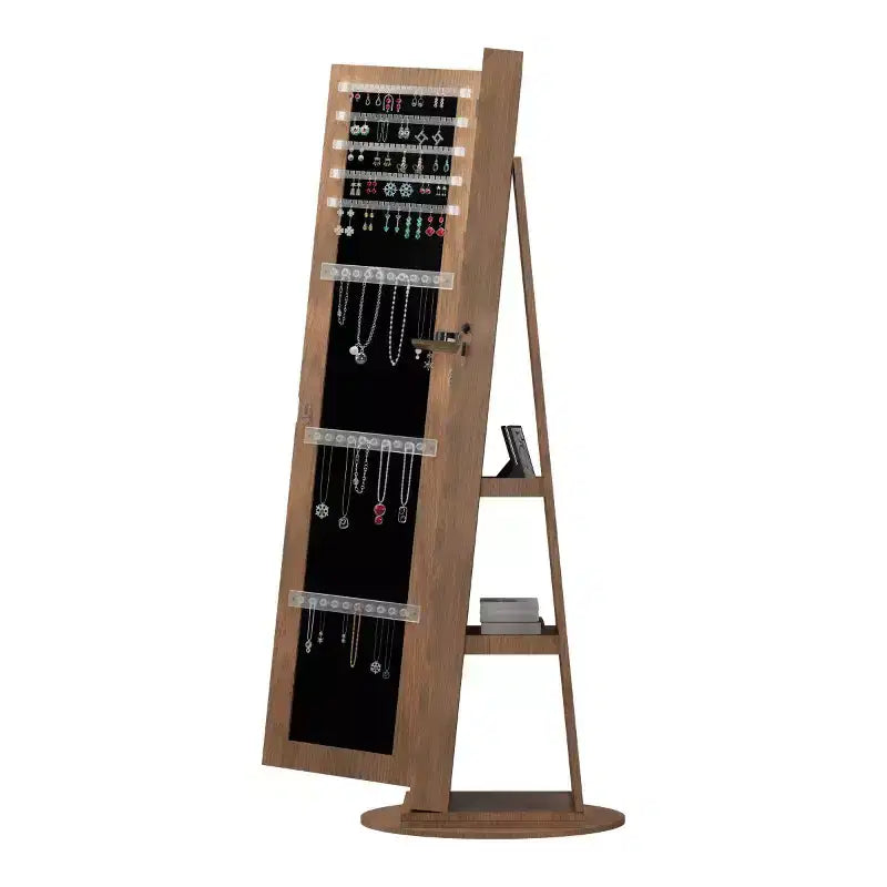 Miroir de rangement à bijoux pivotant à 360°, coloris noir/marron/noyer/blanc, sur pied, une personne
