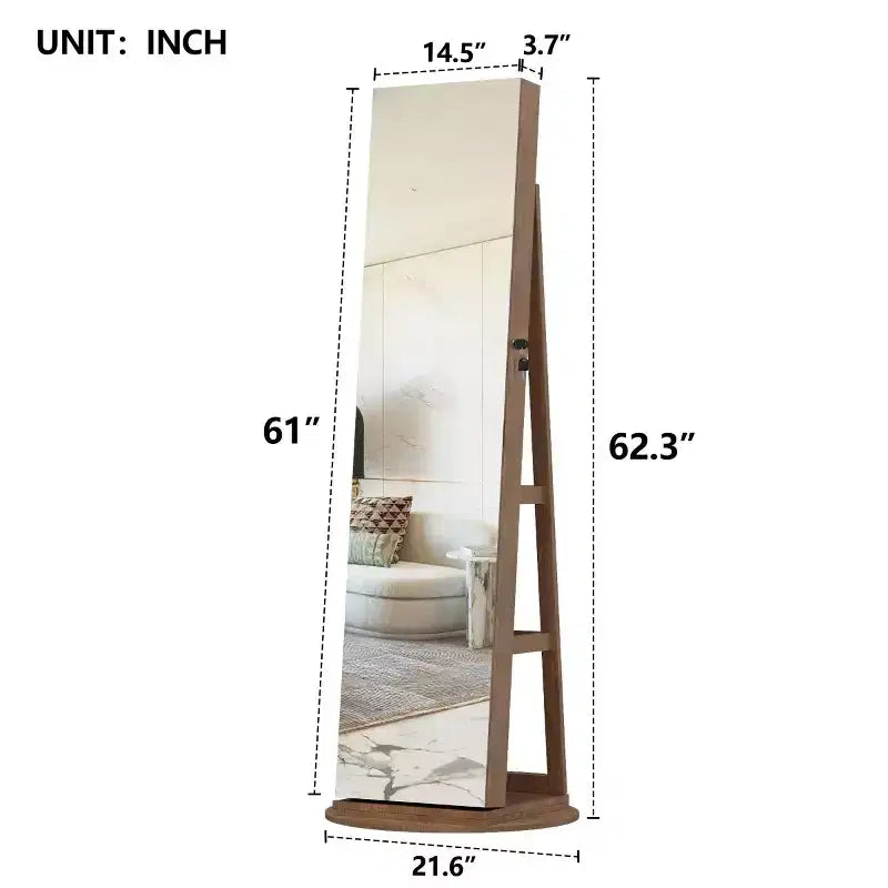 Miroir de rangement à bijoux pivotant à 360°, coloris noir/marron/noyer/blanc, sur pied, une personne