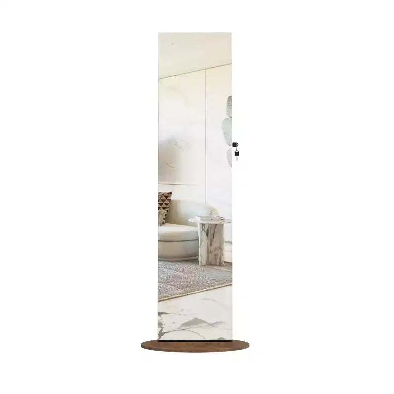 Miroir de rangement à bijoux pivotant à 360°, coloris noir/marron/noyer/blanc, sur pied, une personne