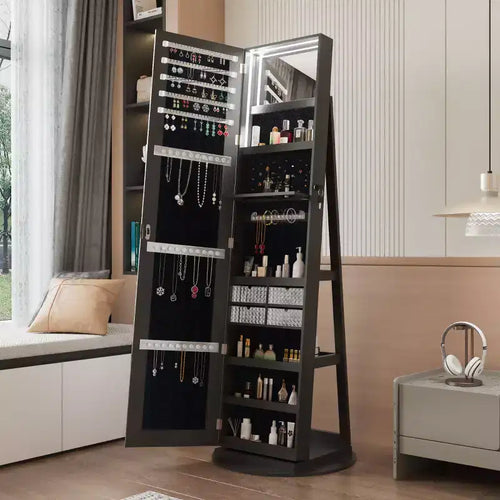 Miroir de rangement à bijoux pivotant à 360°, coloris noir/marron/noyer/blanc, sur pied, une personne