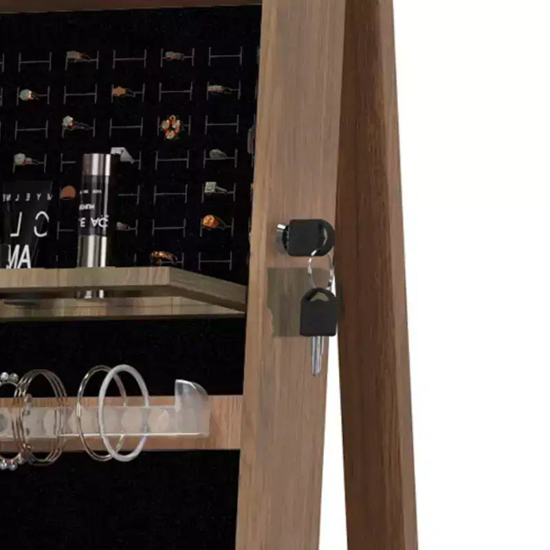 Miroir de rangement à bijoux pivotant à 360°, coloris noir/marron/noyer/blanc, sur pied, une personne