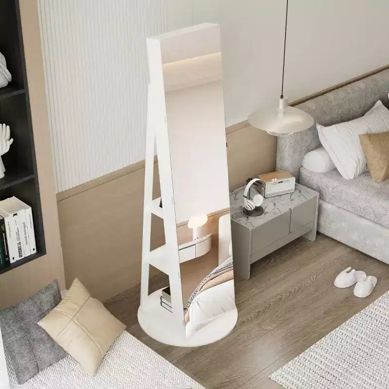 Miroir de rangement à bijoux pivotant à 360°, coloris noir/marron/noyer/blanc, sur pied, une personne