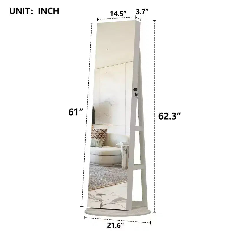 Miroir de rangement à bijoux pivotant à 360°, coloris noir/marron/noyer/blanc, sur pied, une personne