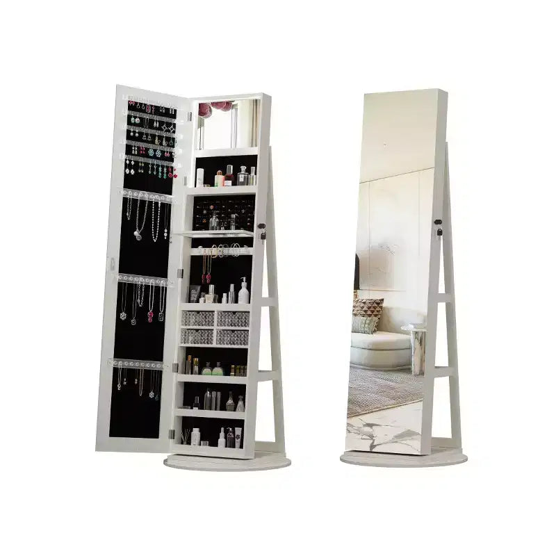 Miroir de rangement à bijoux pivotant à 360°, coloris noir/marron/noyer/blanc, sur pied, une personne