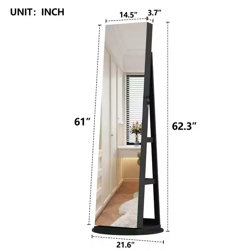 Miroir de rangement à bijoux pivotant à 360°, coloris noir/marron/noyer/blanc, sur pied, une personne