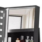 Miroir de rangement à bijoux pivotant à 360°, coloris noir/marron/noyer/blanc, sur pied, une personne