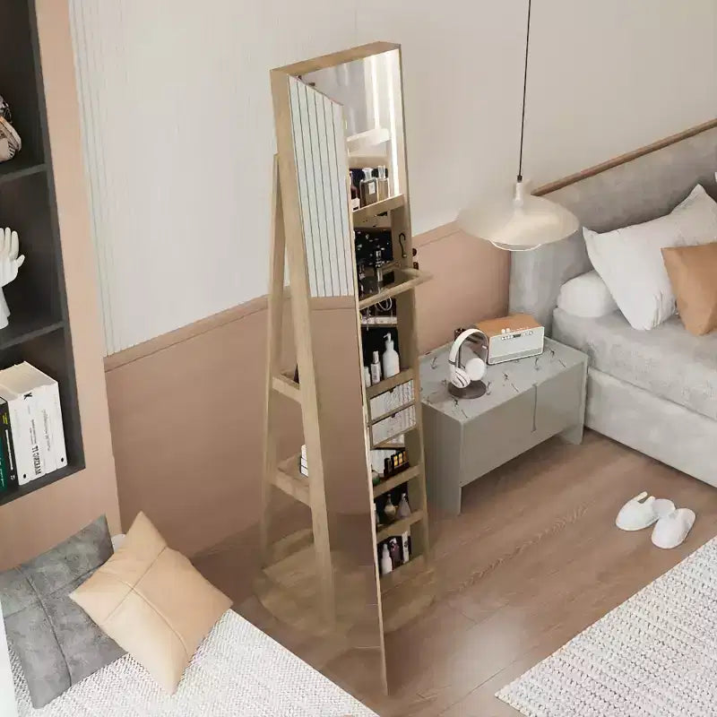 Miroir de rangement à bijoux pivotant à 360°, coloris noir/marron/noyer/blanc, sur pied, une personne