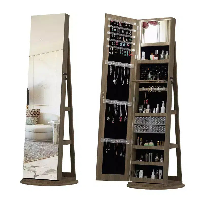 Miroir de rangement à bijoux pivotant à 360°, coloris noir/marron/noyer/blanc, sur pied, une personne