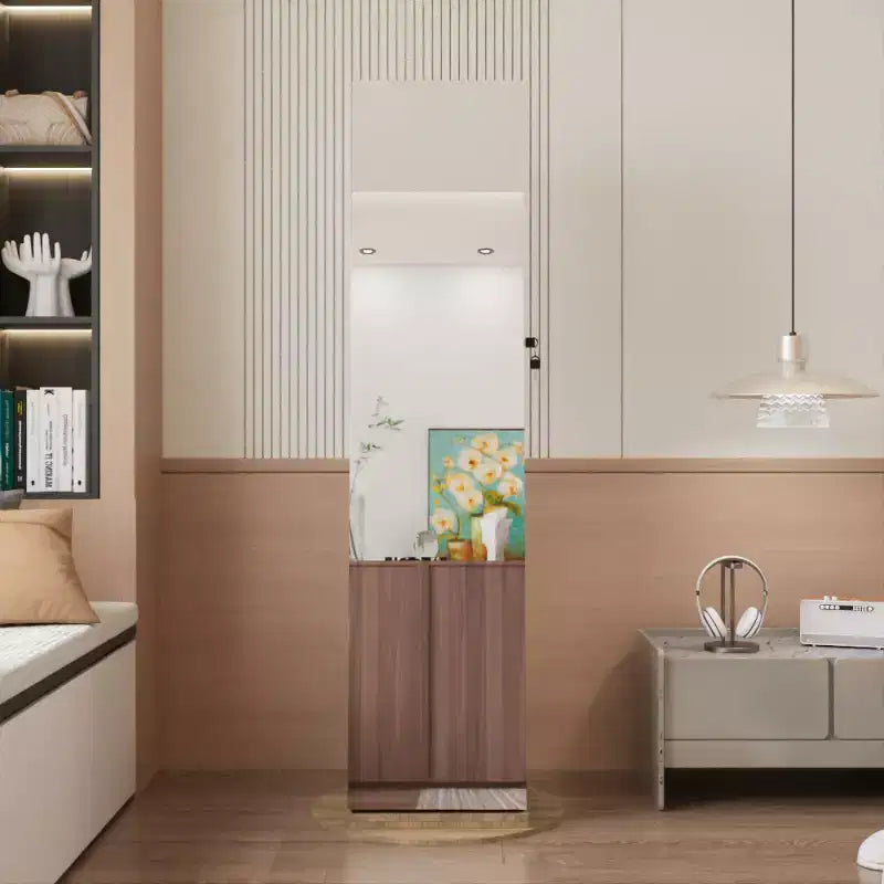 Miroir de rangement à bijoux pivotant à 360°, coloris noir/marron/noyer/blanc, sur pied, une personne