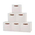 6-Pack 11 Inch Linen Storage Bins with Leather Handles, Foldable Open Front Cube Baskets for Closet Shelves