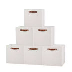6-Pack 11 Inch Linen Storage Bins with Leather Handles, Foldable Open Front Cube Baskets for Closet Shelves