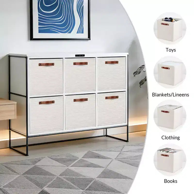 Bacs de rangement pliables en lin gris avec poignées en similicuir, lot de 6