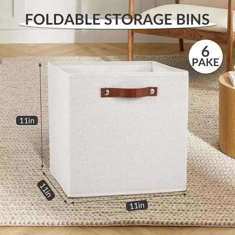 Bacs de rangement pliables en lin gris avec poignées en similicuir, lot de 6