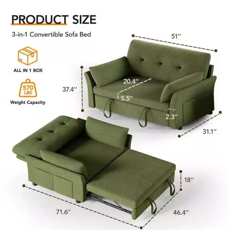 Canapé-lit convertible 3-en-1 vert/gris/blanc, 2 places, chenille