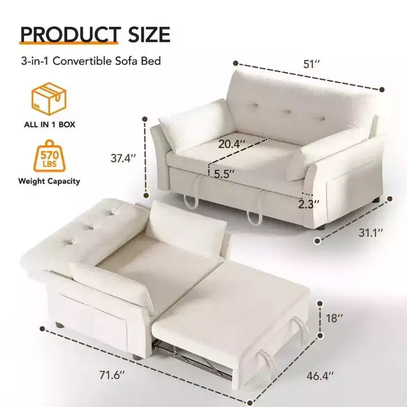 Canapé-lit convertible 3-en-1 vert/gris/blanc, 2 places, chenille