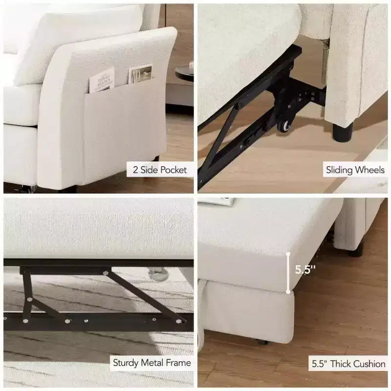 Canapé-lit convertible 3-en-1 vert/gris/blanc, 2 places, chenille