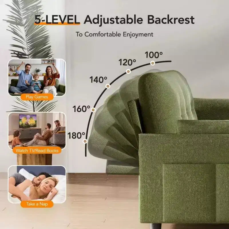 Canapé-lit convertible 3-en-1 vert/gris/blanc, 2 places, chenille
