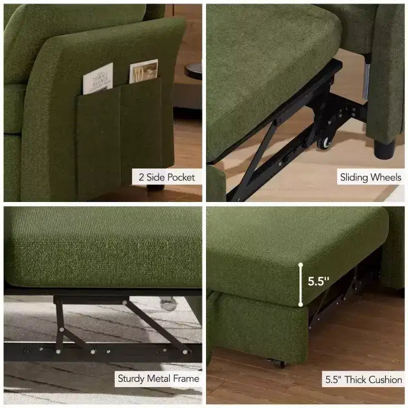 Canapé-lit convertible 3-en-1 vert/gris/blanc, 2 places, chenille