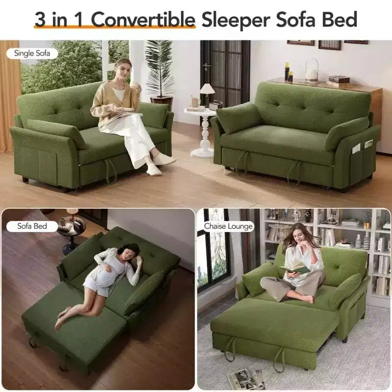 Canapé-lit convertible 3-en-1 vert/gris/blanc, 2 places, chenille
