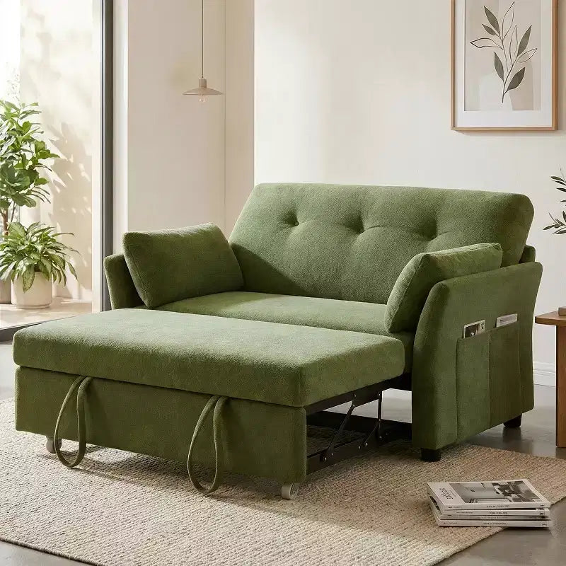 Dyonery 51 3-in-1 Pull-Out Sleeper Sofa Bed, Convertible Loveseat with Reclining Adjustable Backrest, Chenille Upholstered Couch, Side Pocket