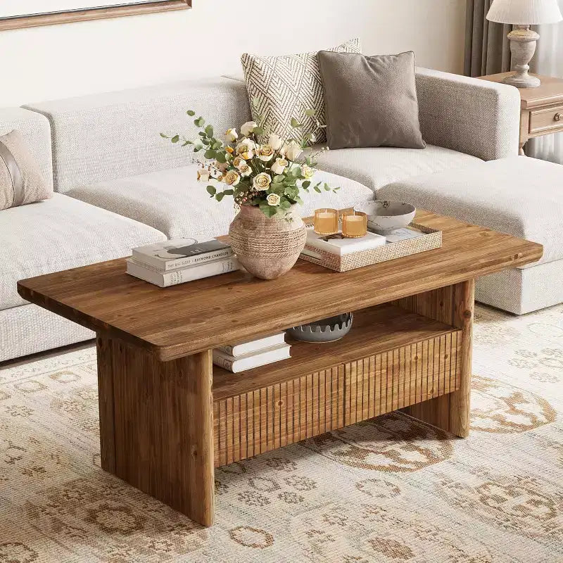 Lantine 47.24 Solid Wood Coffee Table with 2 Drawers, 2-Tier Rustic Rectangle Center Tea Table with Open Shelf Storage for Living Room
