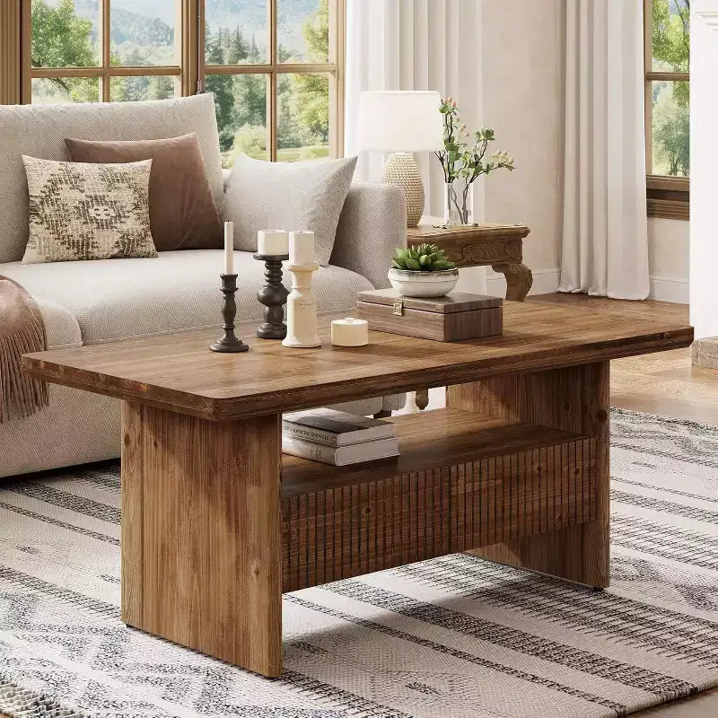 Table basse en bois massif brun, double piédestal, 2 tiroirs