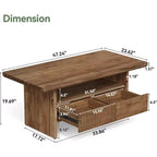 Table basse en bois massif brun, double piédestal, 2 tiroirs